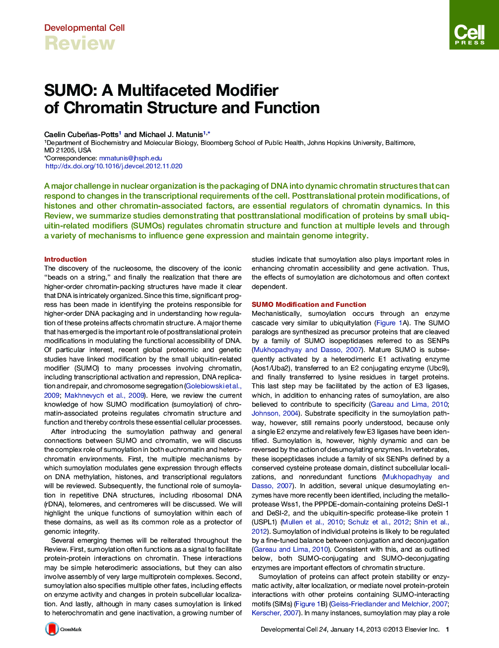 SUMO: A Multifaceted Modifier of Chromatin Structure and Function