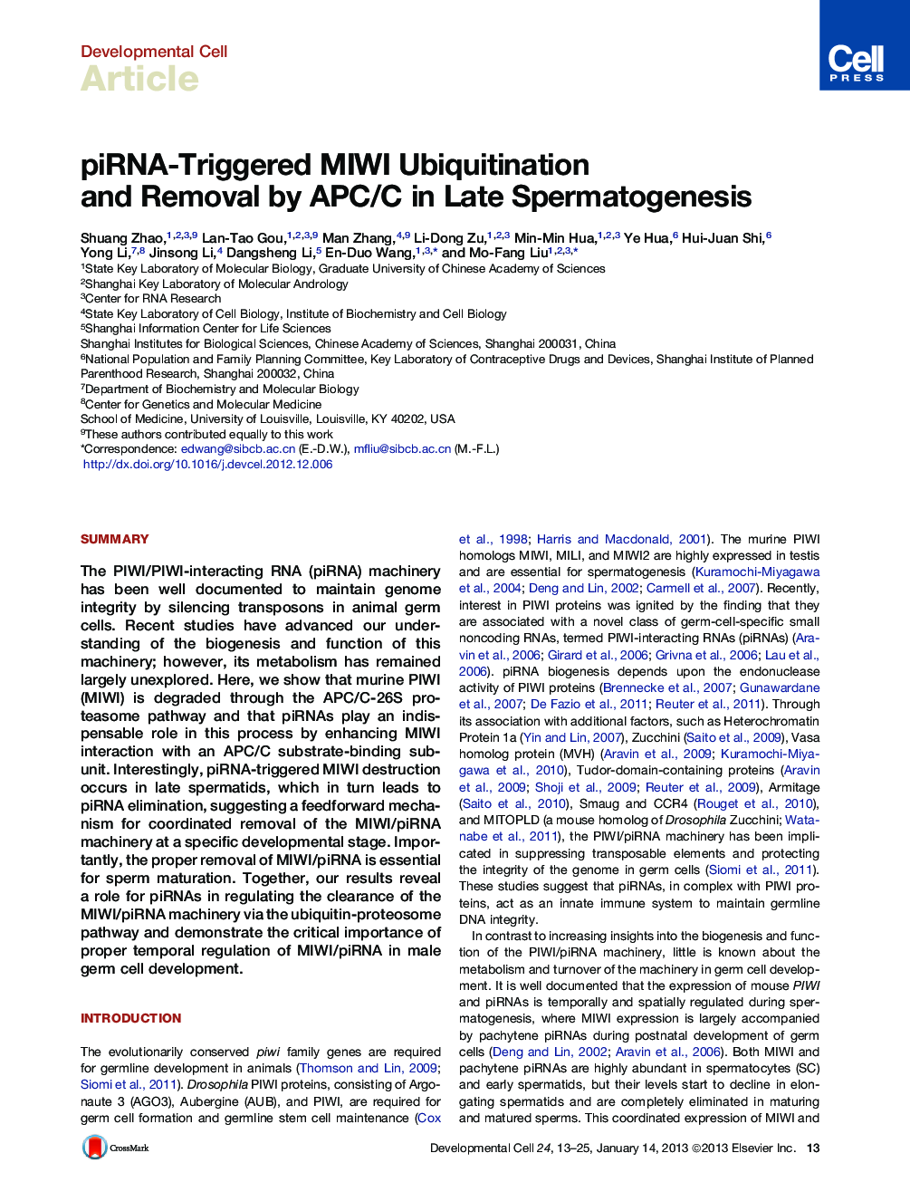 piRNA-Triggered MIWI Ubiquitination and Removal by APC/C in Late Spermatogenesis
