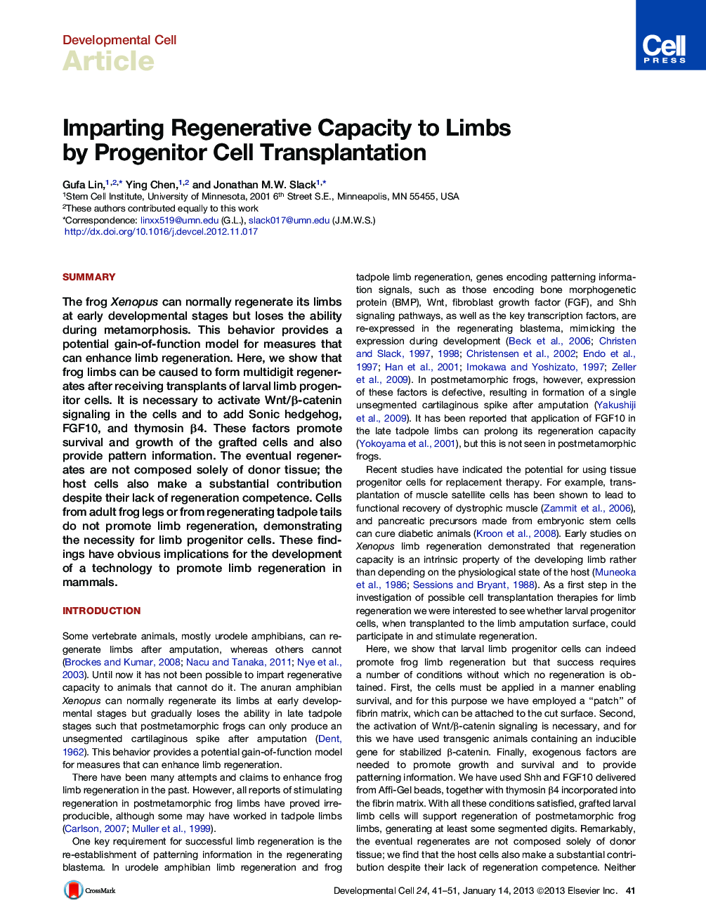 Imparting Regenerative Capacity to Limbs by Progenitor Cell Transplantation