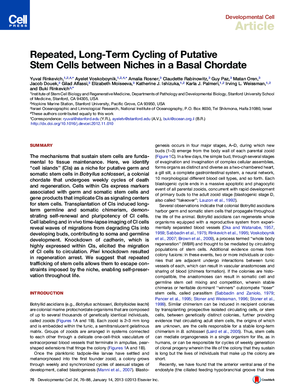 Repeated, Long-Term Cycling of Putative Stem Cells between Niches in a Basal Chordate
