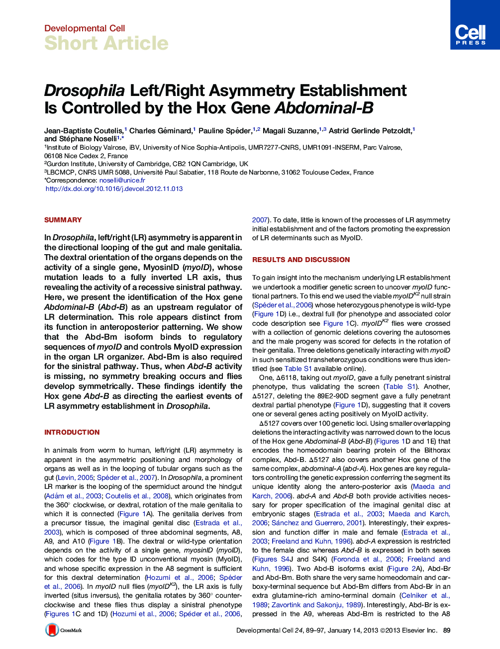 Drosophila Left/Right Asymmetry Establishment Is Controlled by the Hox Gene Abdominal-B