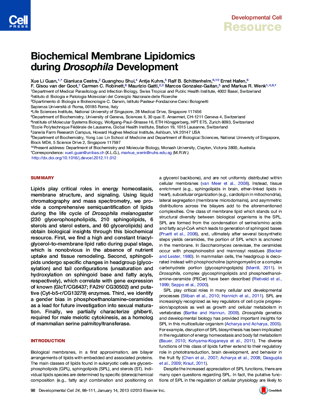 Biochemical Membrane Lipidomics during Drosophila Development