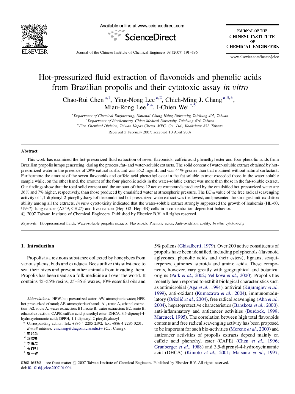 Hot-pressurized fluid extraction of flavonoids and phenolic acids from Brazilian propolis and their cytotoxic assay in vitro