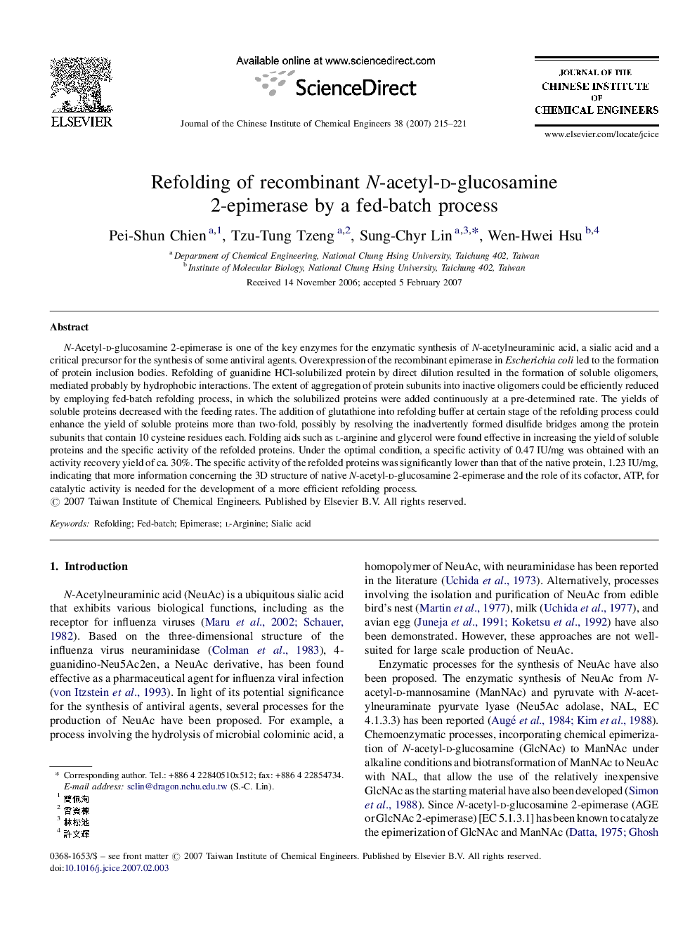 Refolding of recombinant N-acetyl-d-glucosamine 2-epimerase by a fed-batch process