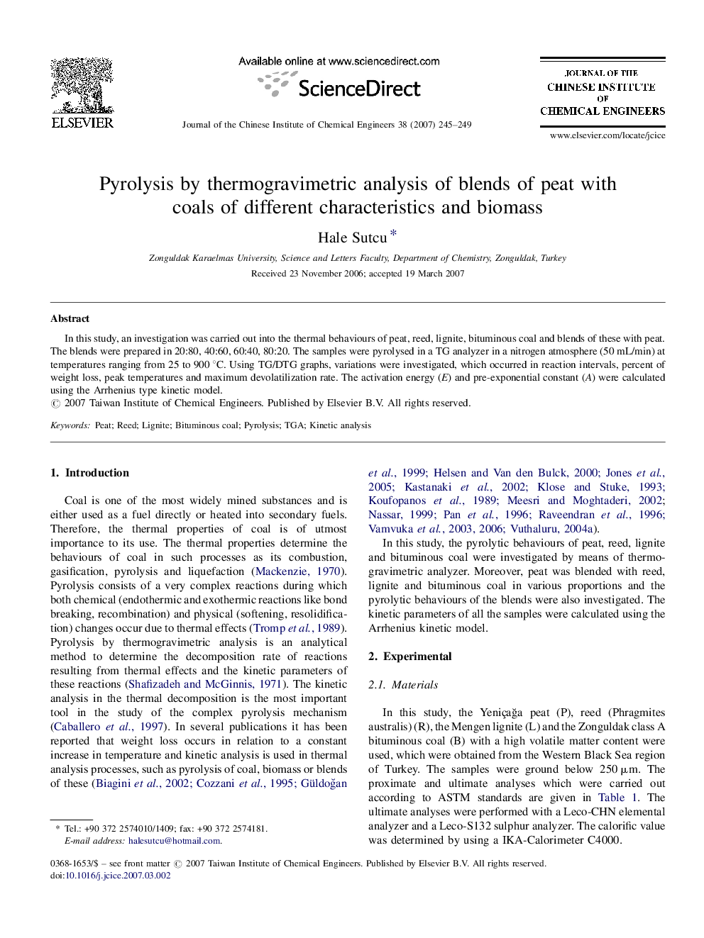 Pyrolysis by thermogravimetric analysis of blends of peat with coals of different characteristics and biomass