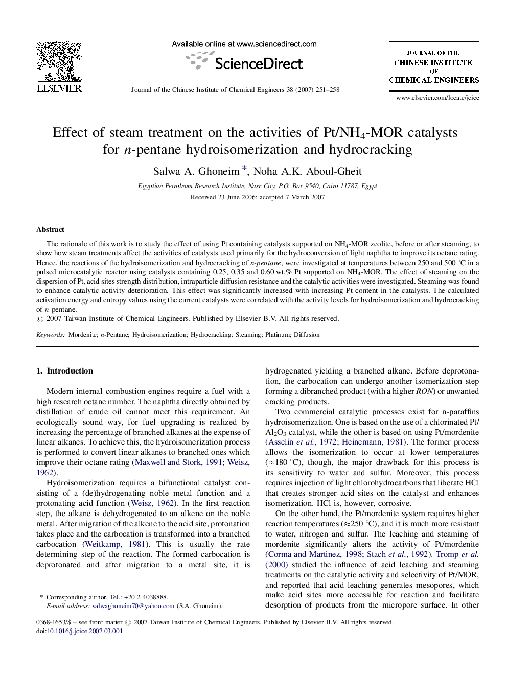 Effect of steam treatment on the activities of Pt/NH4-MOR catalysts for n-pentane hydroisomerization and hydrocracking