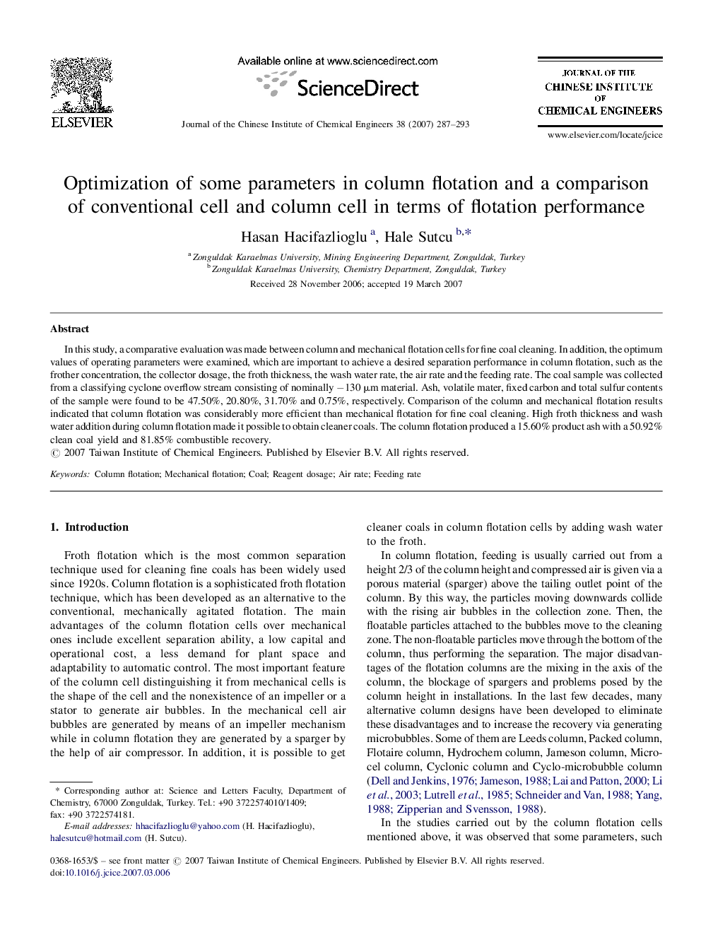 Optimization of some parameters in column flotation and a comparison of conventional cell and column cell in terms of flotation performance