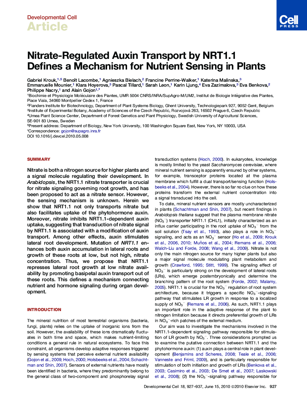 عکس صفحه اول مقاله: Nitrate-Regulated Auxin Transport by NRT1.1 Defines a Mechanism for Nutrient Sensing in Plants Nitrate-Regulated Auxin Transport by NRT1.1 Defines a Mechanism for Nutrient Sensing in Plants