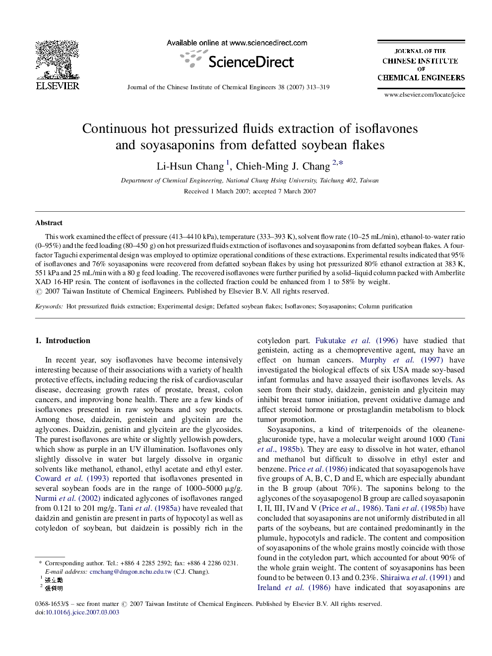 Continuous hot pressurized fluids extraction of isoflavones and soyasaponins from defatted soybean flakes