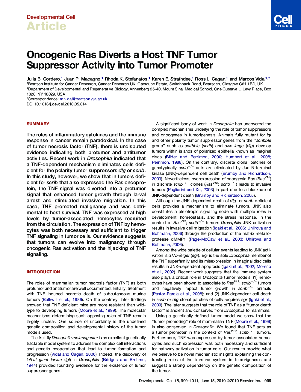 Oncogenic Ras Diverts a Host TNF Tumor Suppressor Activity into Tumor Promoter