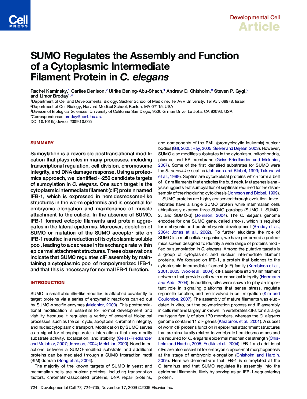 SUMO Regulates the Assembly and Function of a Cytoplasmic Intermediate Filament Protein in C. elegans