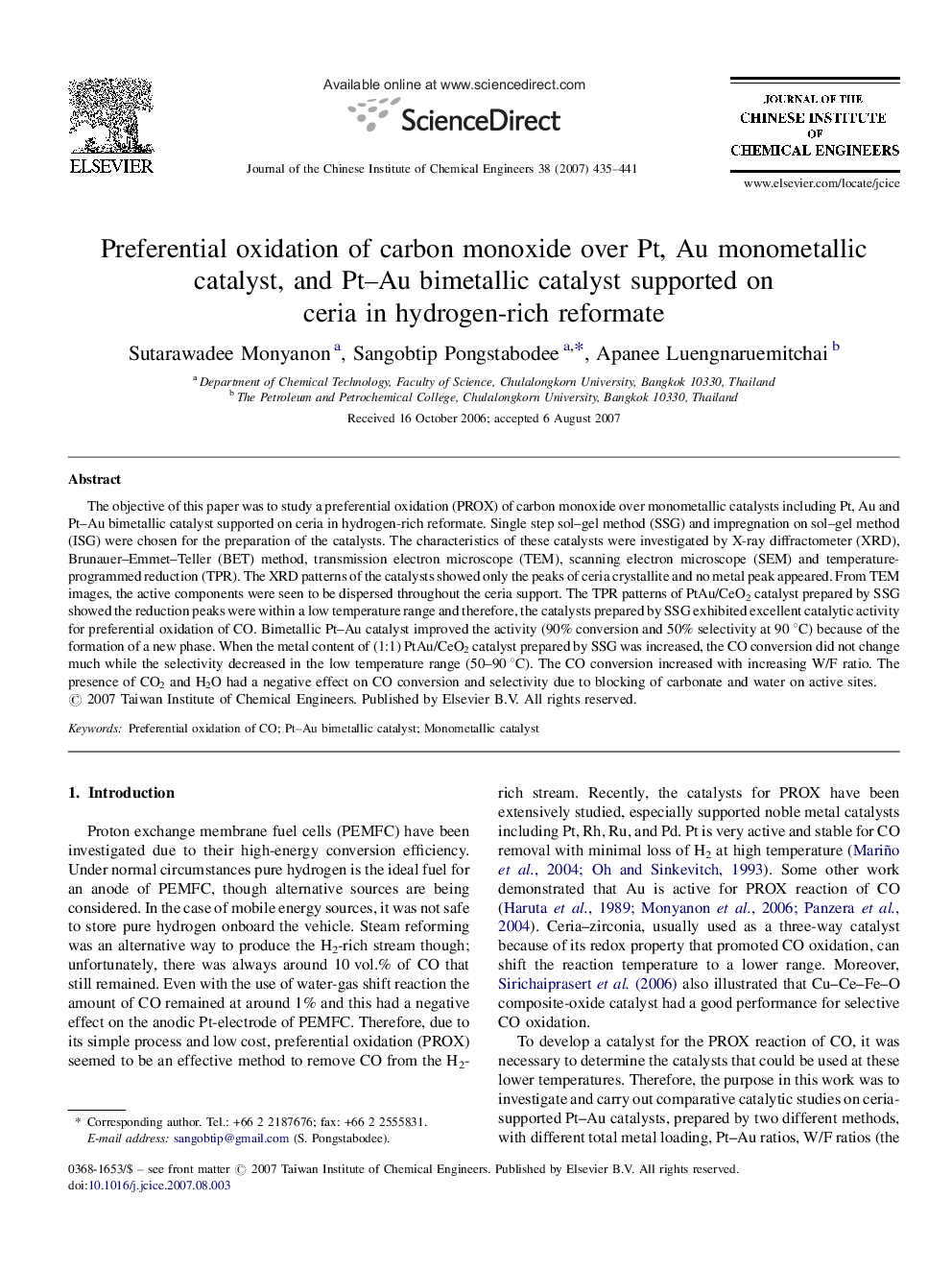 Preferential oxidation of carbon monoxide over Pt, Au monometallic catalyst, and Pt–Au bimetallic catalyst supported on ceria in hydrogen-rich reformate
