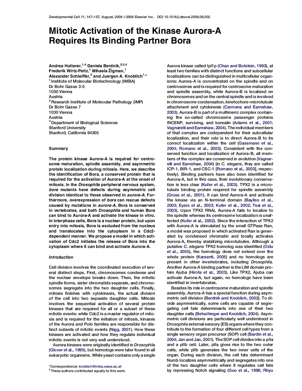 Mitotic Activation of the Kinase Aurora-A Requires Its Binding Partner Bora