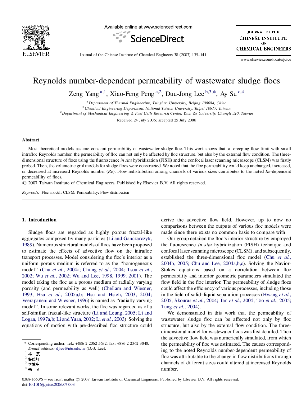 Reynolds number-dependent permeability of wastewater sludge flocs