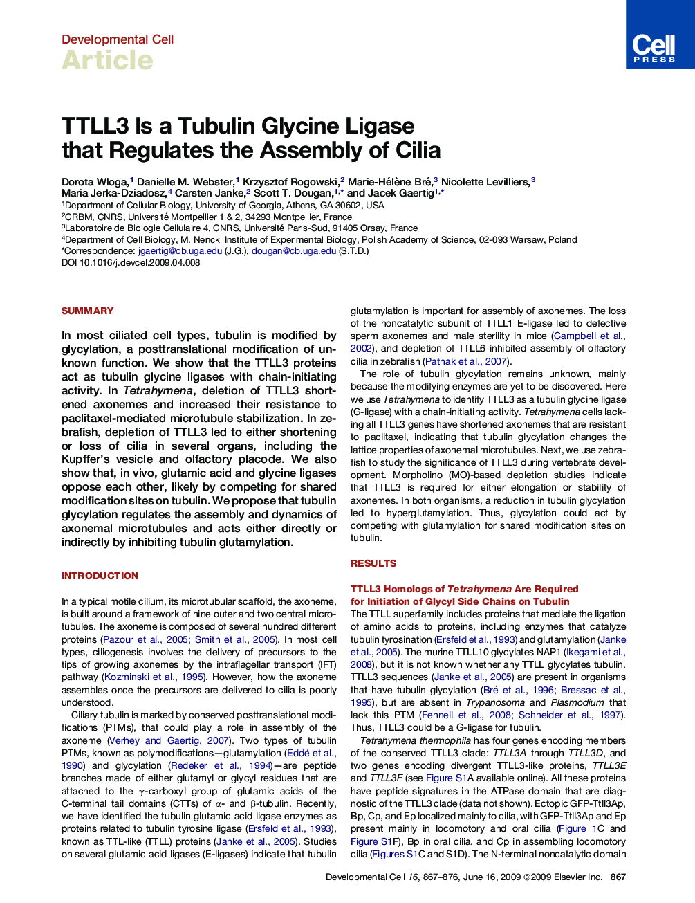 TTLL3 Is a Tubulin Glycine Ligase that Regulates the Assembly of Cilia