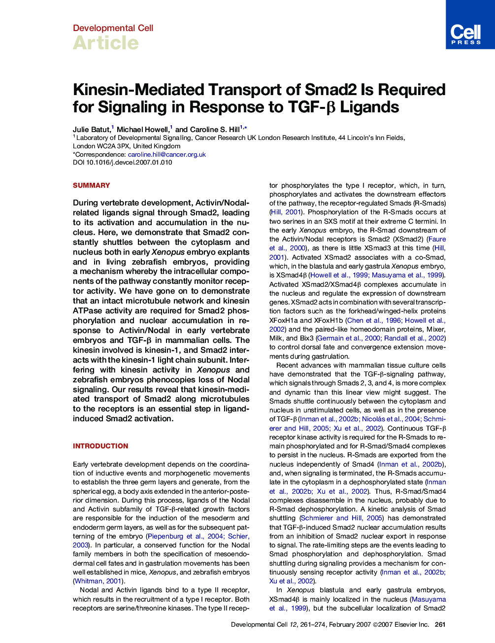 Kinesin-Mediated Transport of Smad2 Is Required for Signaling in Response to TGF-β Ligands