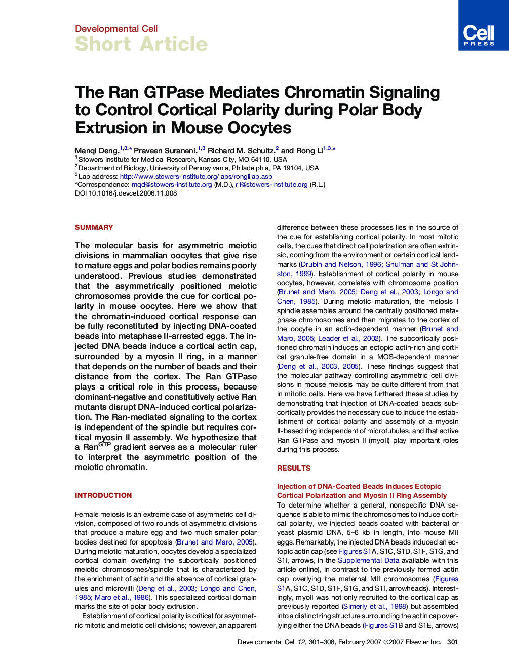 The Ran GTPase Mediates Chromatin Signaling to Control Cortical Polarity during Polar Body Extrusion in Mouse Oocytes