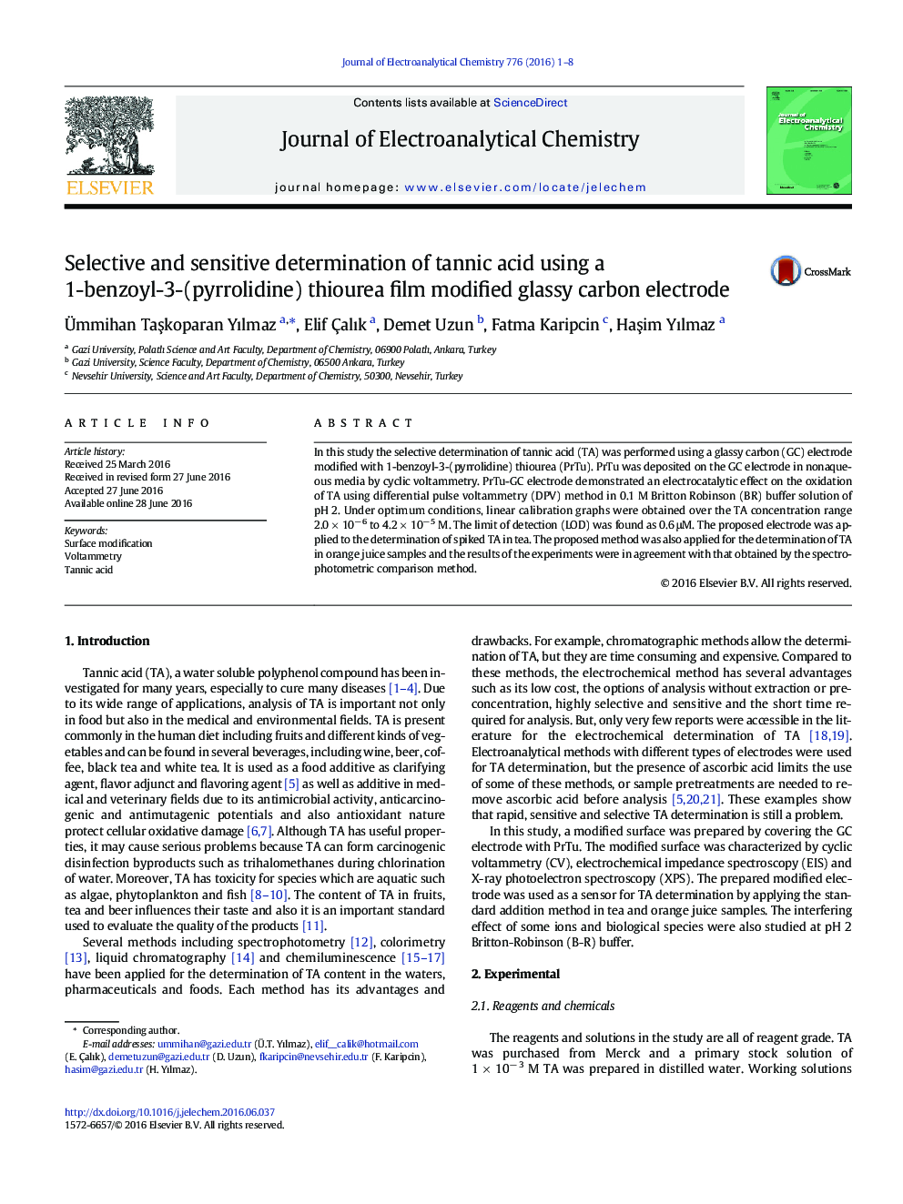 Selective and sensitive determination of tannic acid using a 1-benzoyl-3-(pyrrolidine) thiourea film modified glassy carbon electrode