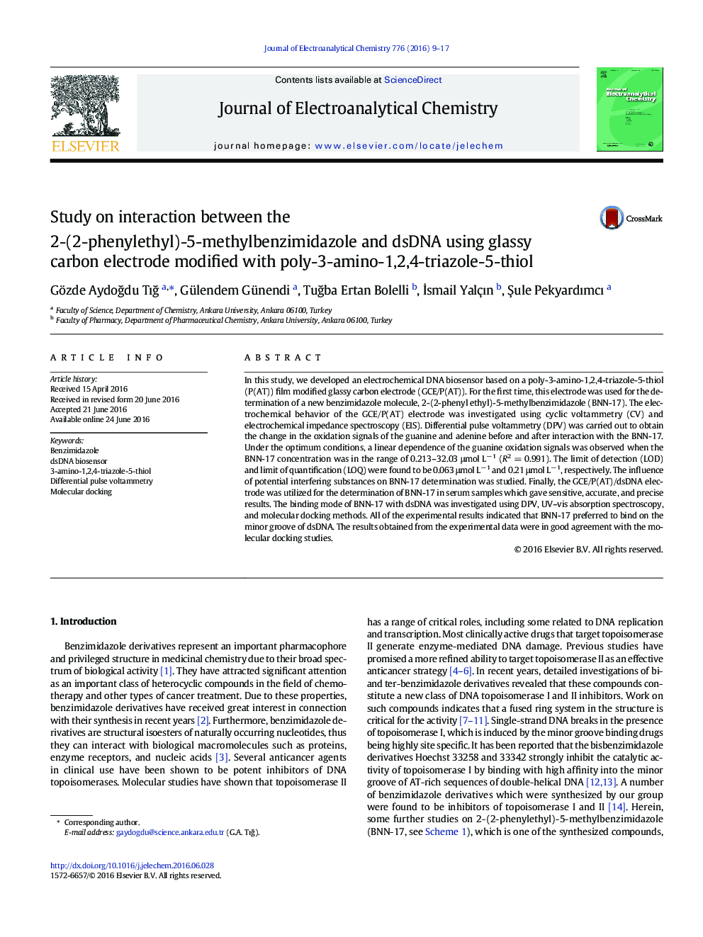 Study on interaction between the 2-(2-phenylethyl)-5-methylbenzimidazole and dsDNA using glassy carbon electrode modified with poly-3-amino-1,2,4-triazole-5-thiol