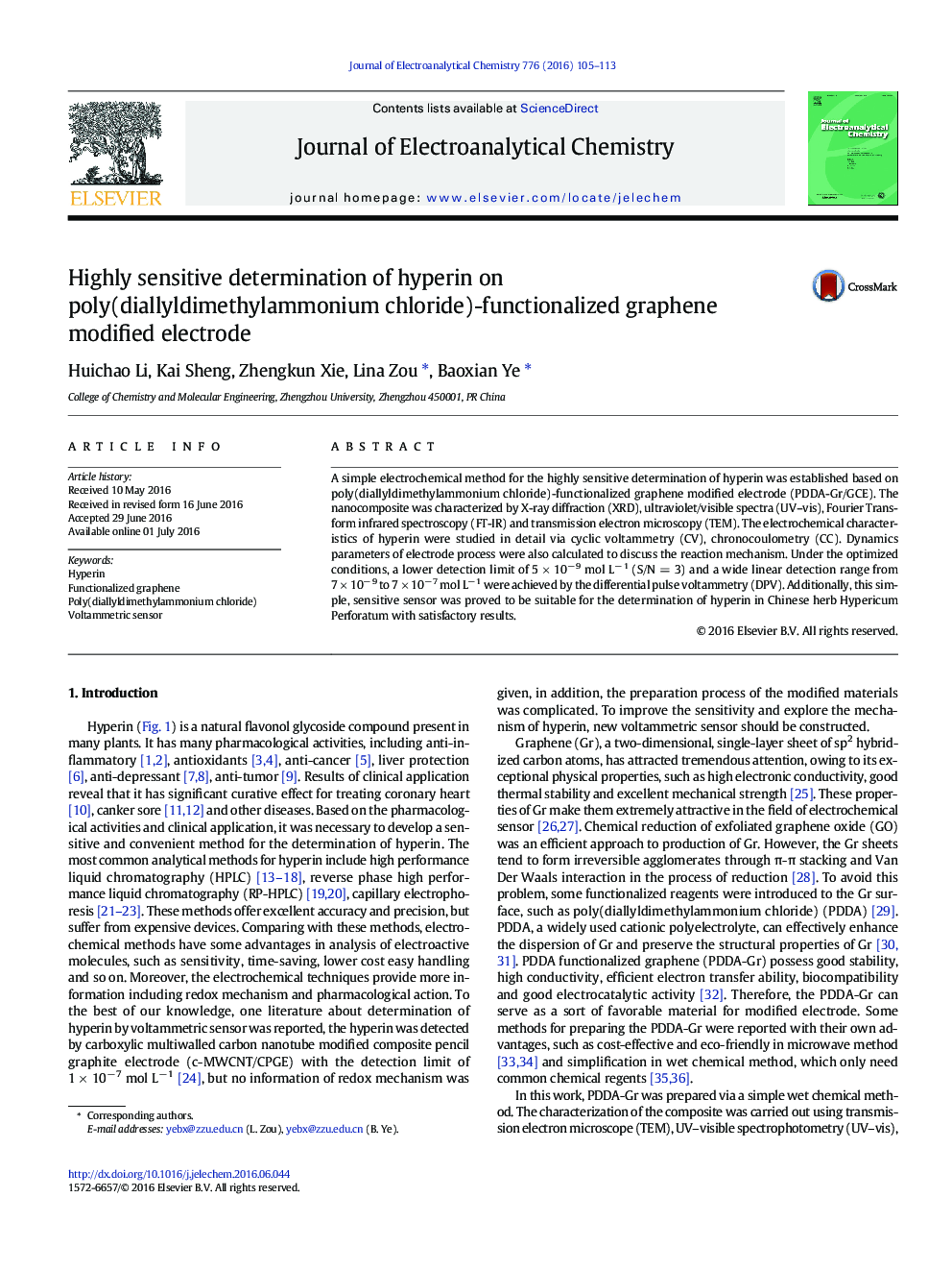 Highly sensitive determination of hyperin on poly(diallyldimethylammonium chloride)-functionalized graphene modified electrode