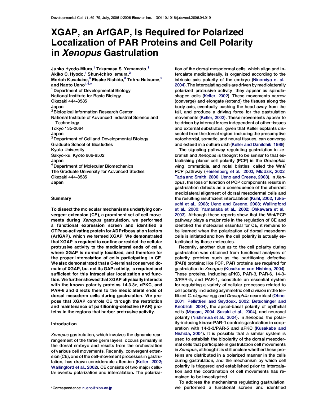 XGAP, an ArfGAP, Is Required for Polarized Localization of PAR Proteins and Cell Polarity in Xenopus Gastrulation