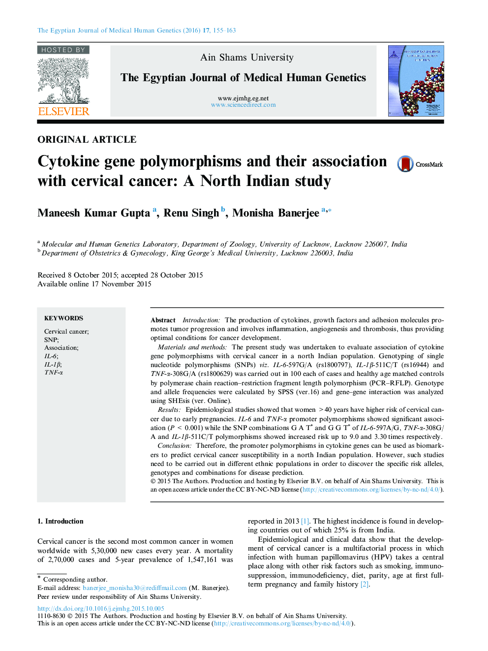 Cytokine gene polymorphisms and their association with cervical cancer: A North Indian study 