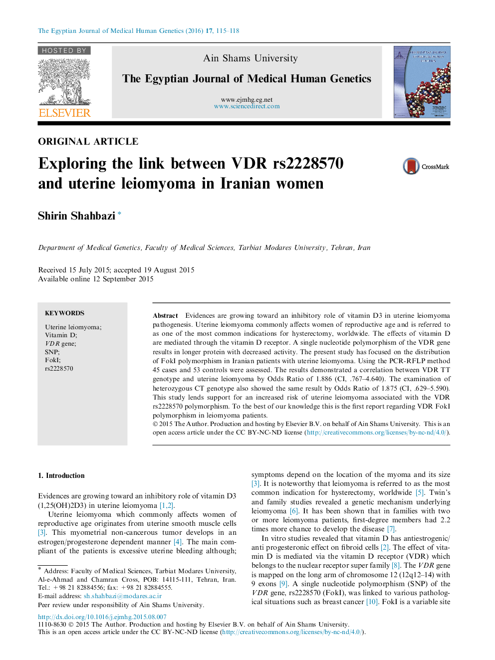 Exploring the link between VDR rs2228570 and uterine leiomyoma in Iranian women 