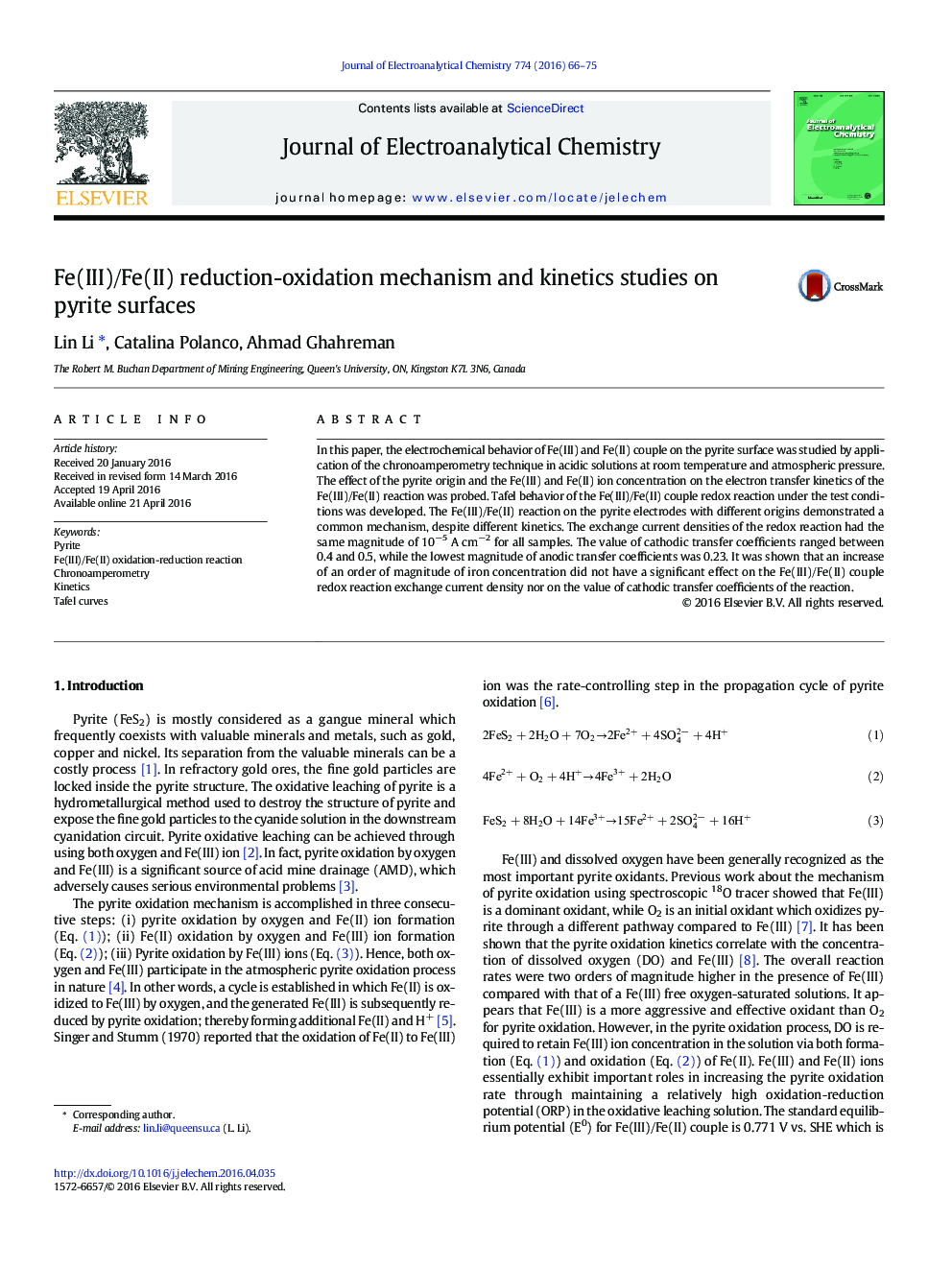 Fe(III)/Fe(II) reduction-oxidation mechanism and kinetics studies on pyrite surfaces