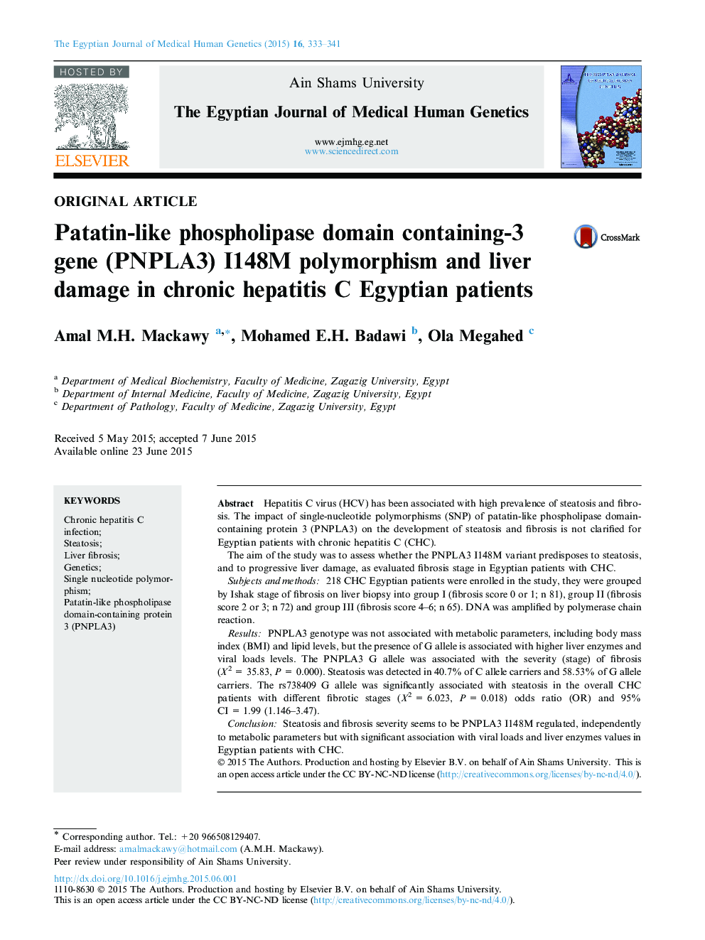 Patatin-like phospholipase domain containing-3 gene (PNPLA3) I148M polymorphism and liver damage in chronic hepatitis C Egyptian patients 