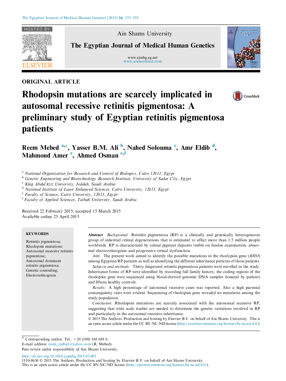 Rhodopsin mutations are scarcely implicated in autosomal recessive retinitis pigmentosa: A preliminary study of Egyptian retinitis pigmentosa patients 