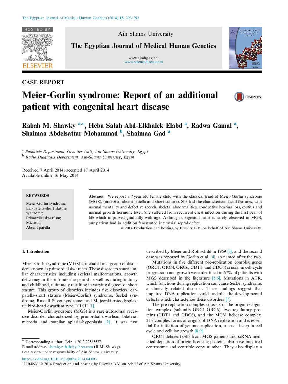 Meier-Gorlin syndrome: Report of an additional patient with congenital heart disease 