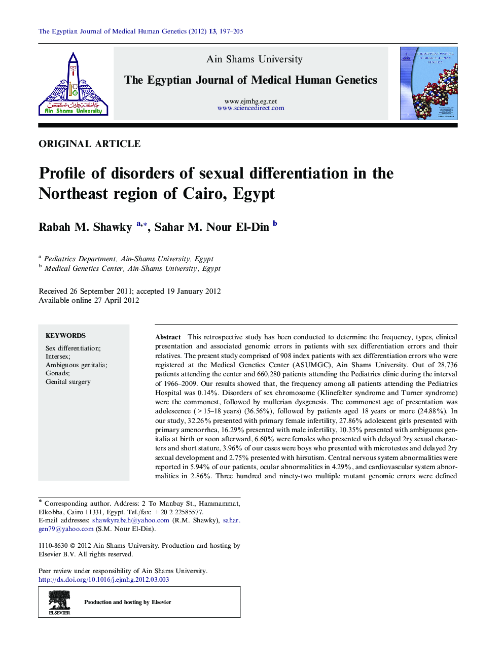 Profile of disorders of sexual differentiation in the Northeast region of Cairo, Egypt