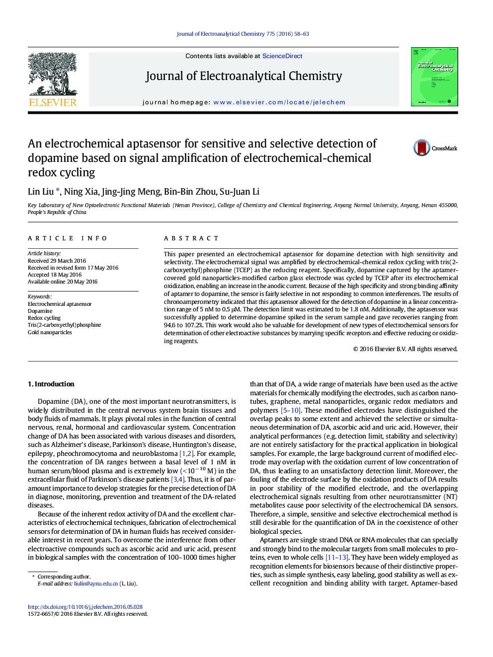 An electrochemical aptasensor for sensitive and selective detection of dopamine based on signal amplification of electrochemical-chemical redox cycling