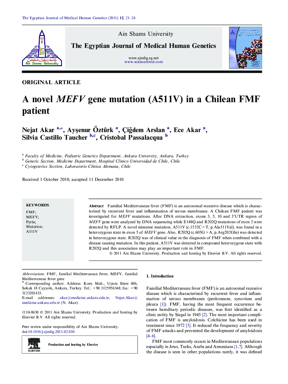 A novel MEFV gene mutation (A511V) in a Chilean FMF patient