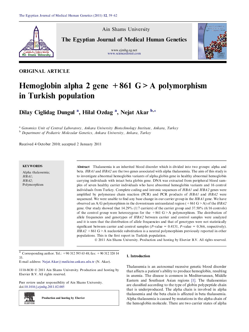 Hemoglobin alpha 2 gene +861 G>A polymorphism in Turkish population