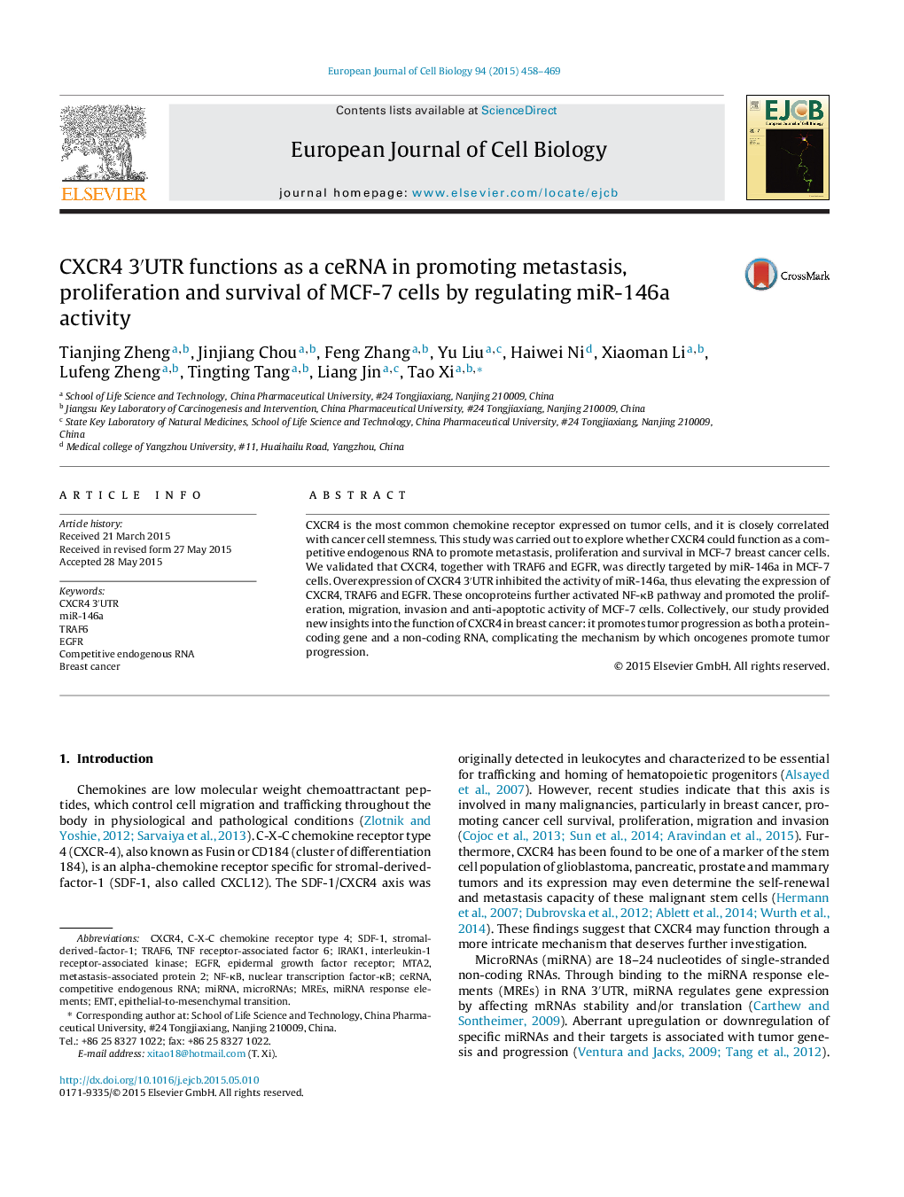 CXCR4 3′UTR functions as a ceRNA in promoting metastasis, proliferation and survival of MCF-7 cells by regulating miR-146a activity