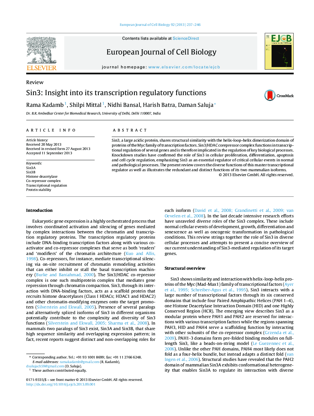 Sin3: Insight into its transcription regulatory functions