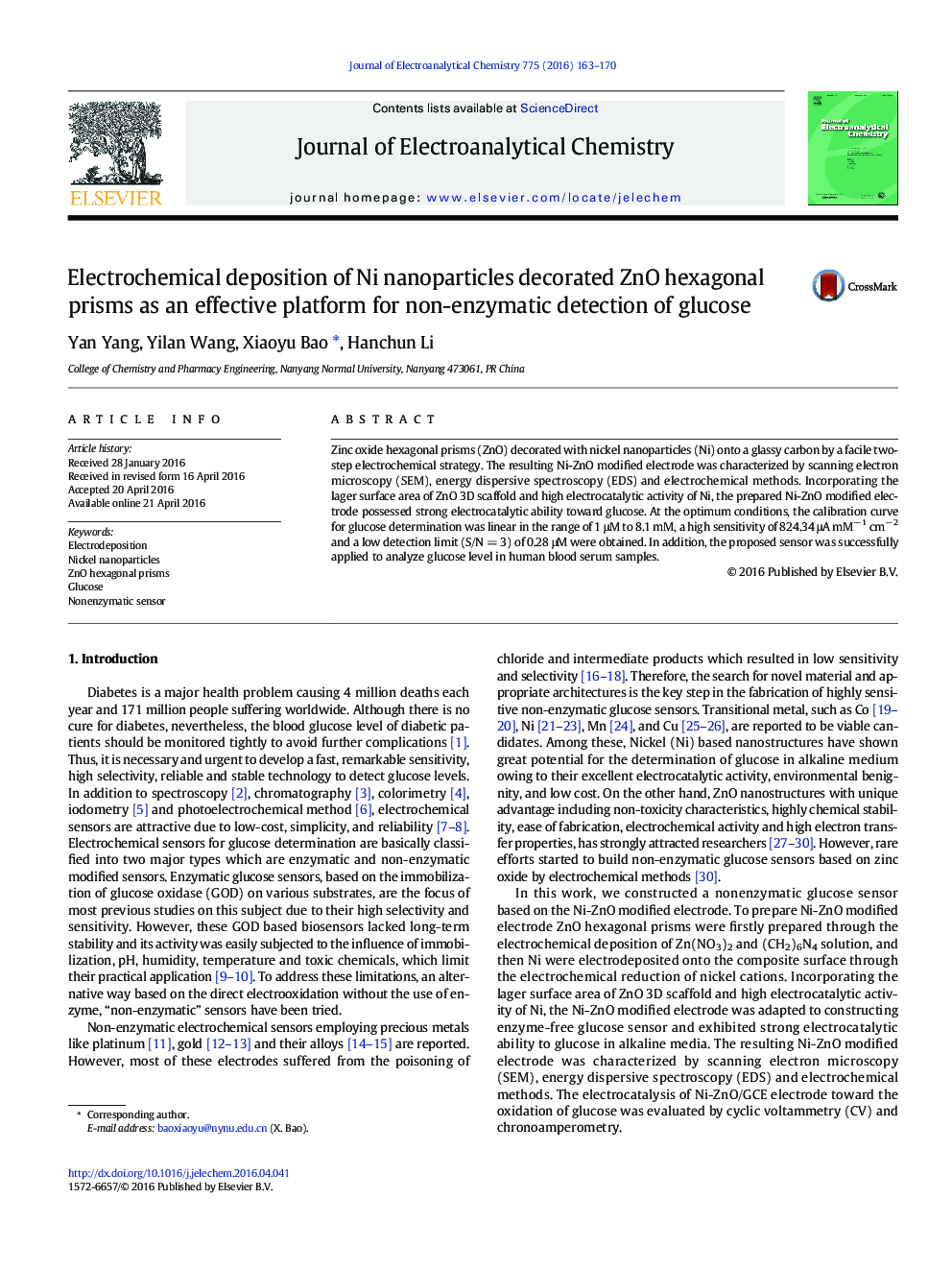 Electrochemical deposition of Ni nanoparticles decorated ZnO hexagonal prisms as an effective platform for non-enzymatic detection of glucose