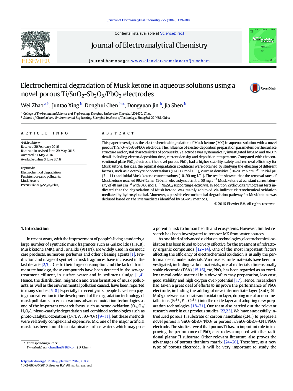 Electrochemical degradation of Musk ketone in aqueous solutions using a novel porous Ti/SnO2-Sb2O3/PbO2 electrodes