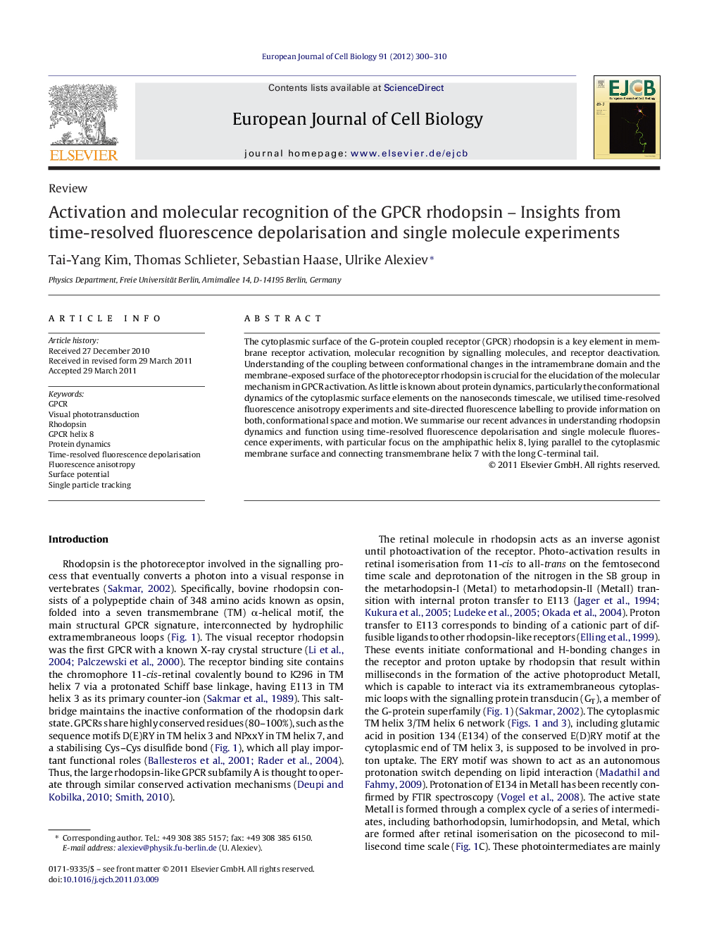 Activation and molecular recognition of the GPCR rhodopsin – Insights from time-resolved fluorescence depolarisation and single molecule experiments