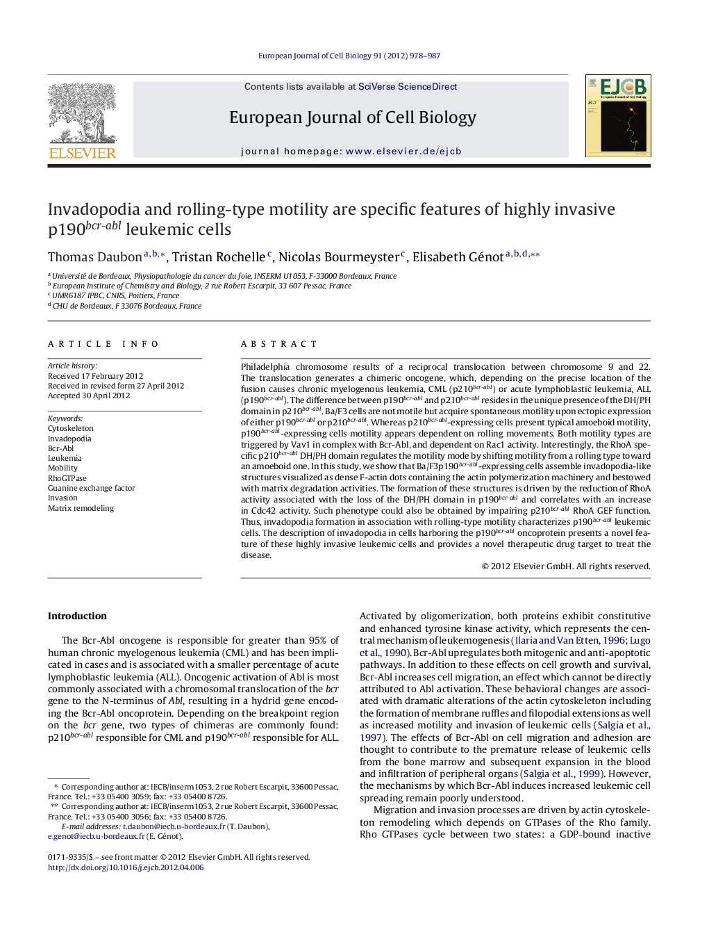 Invadopodia and rolling-type motility are specific features of highly invasive p190bcr-abl leukemic cells