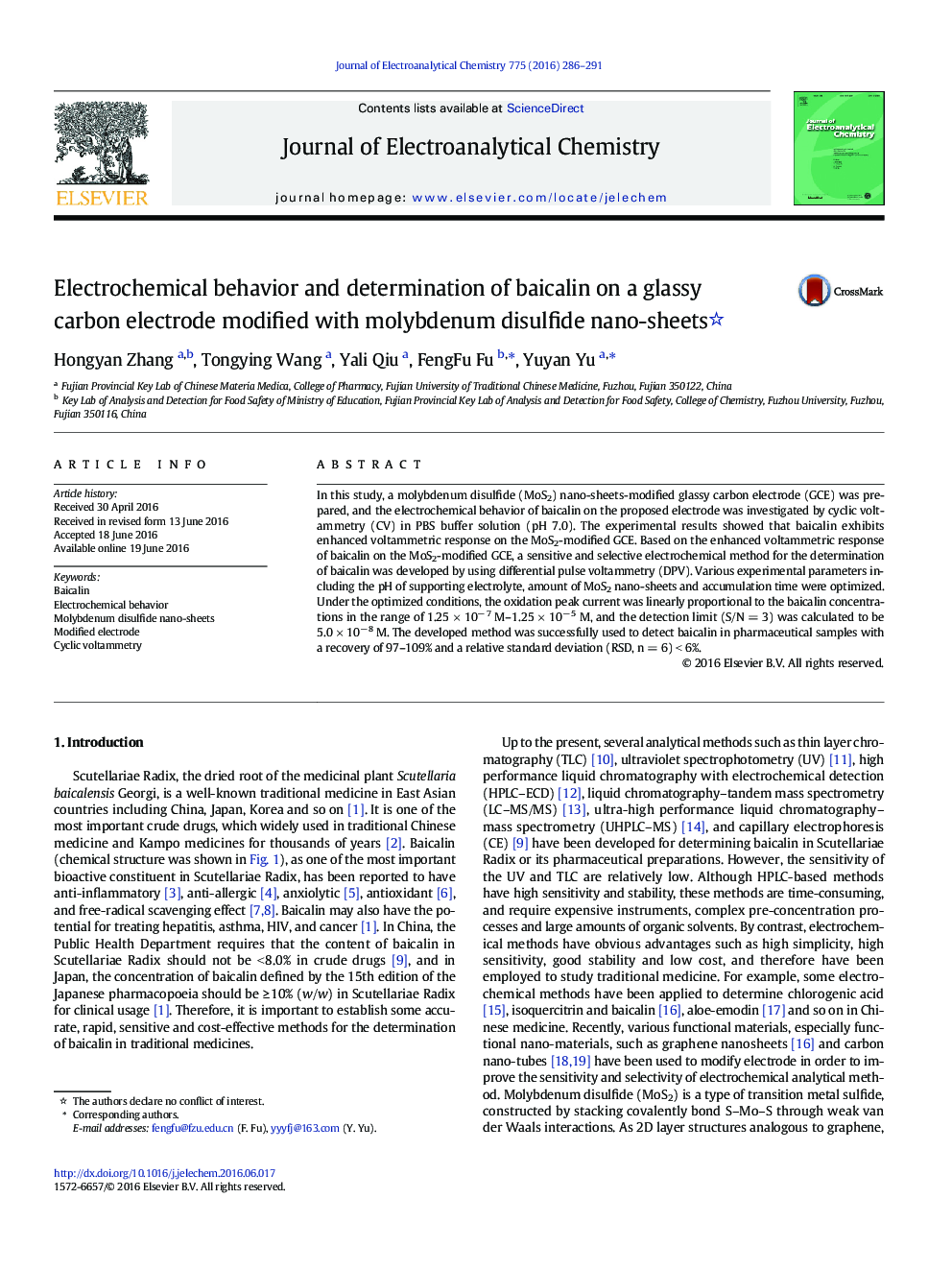 Electrochemical behavior and determination of baicalin on a glassy carbon electrode modified with molybdenum disulfide nano-sheets 