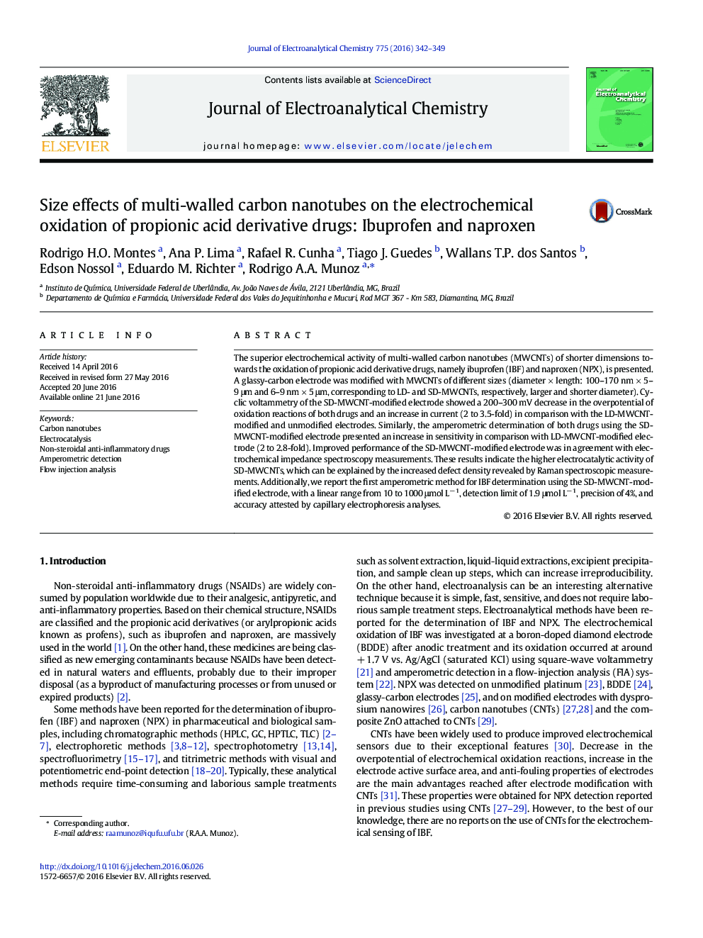 Size effects of multi-walled carbon nanotubes on the electrochemical oxidation of propionic acid derivative drugs: Ibuprofen and naproxen