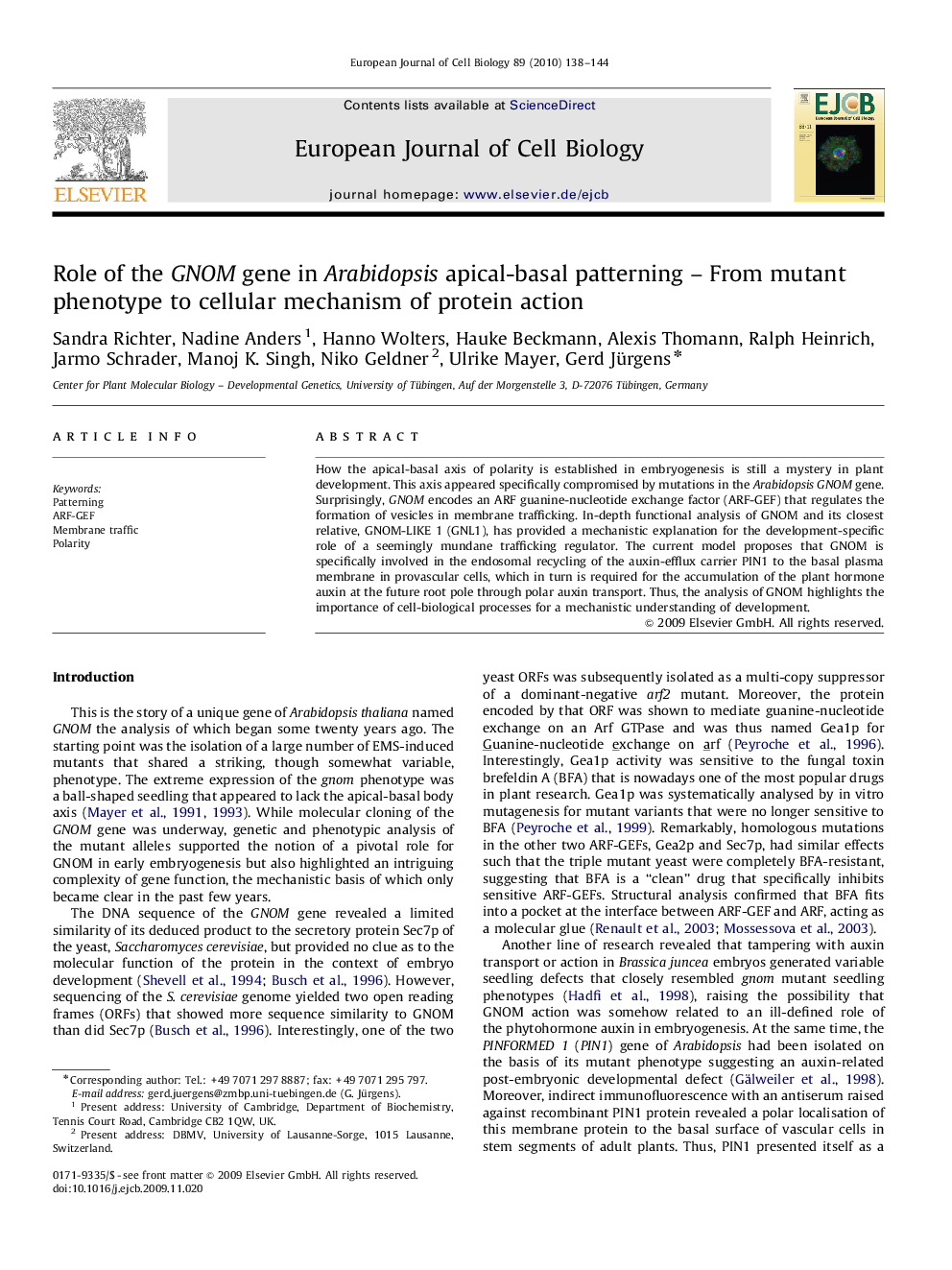 Role of the GNOM gene in Arabidopsis apical-basal patterning – From mutant phenotype to cellular mechanism of protein action