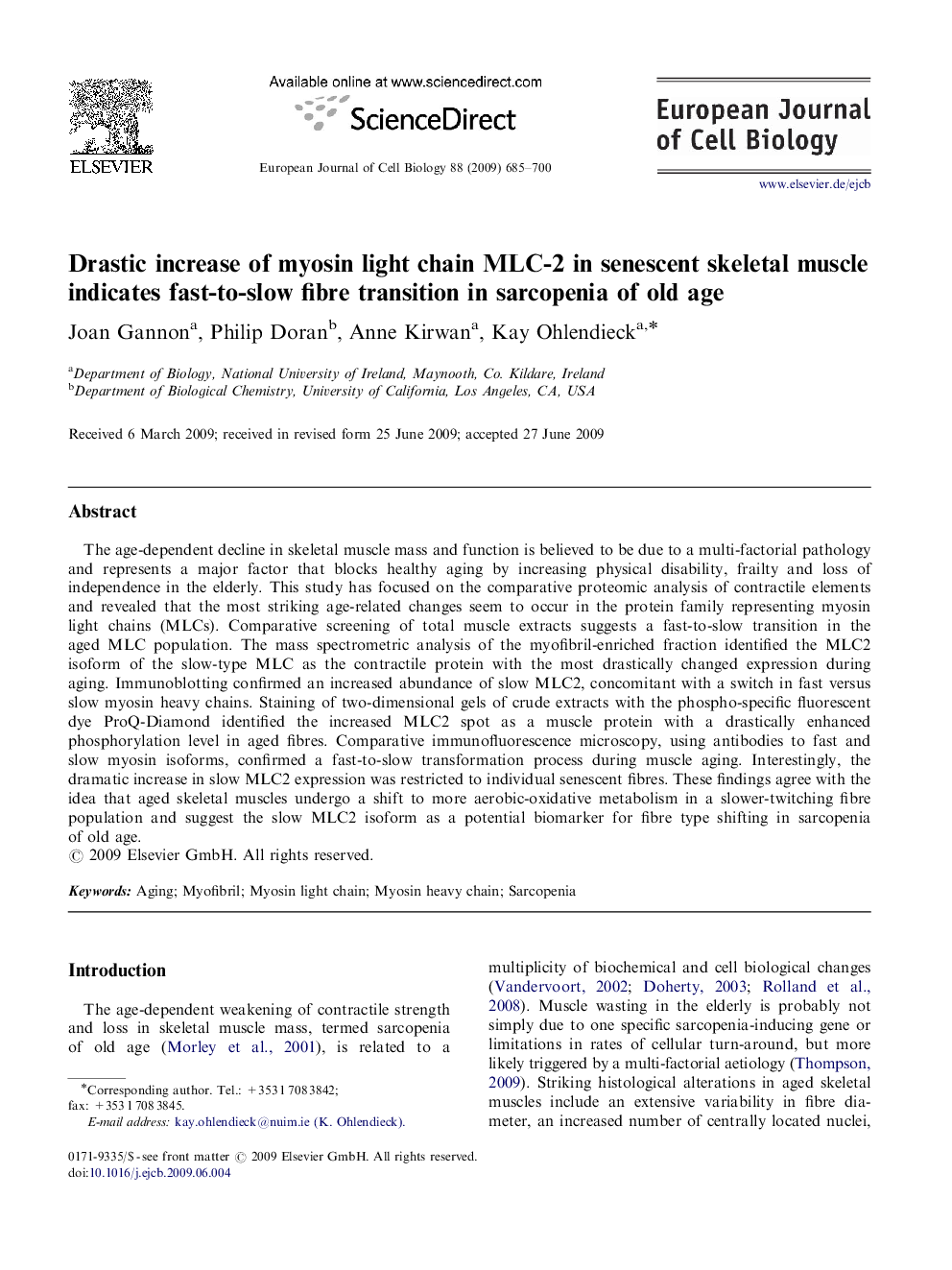 Drastic increase of myosin light chain MLC-2 in senescent skeletal muscle indicates fast-to-slow fibre transition in sarcopenia of old age