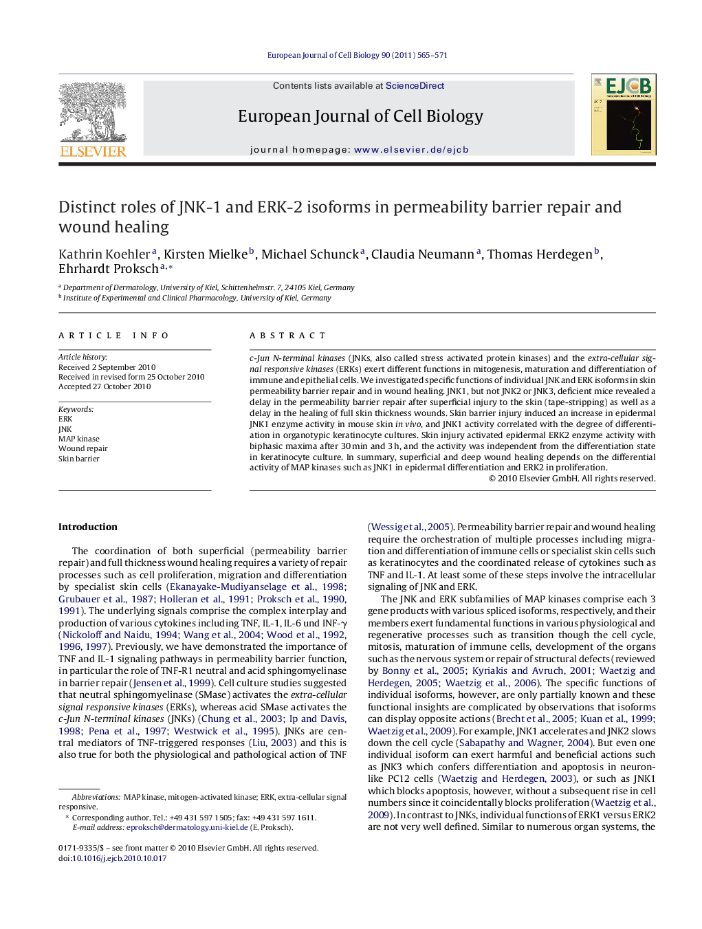 Distinct roles of JNK-1 and ERK-2 isoforms in permeability barrier repair and wound healing