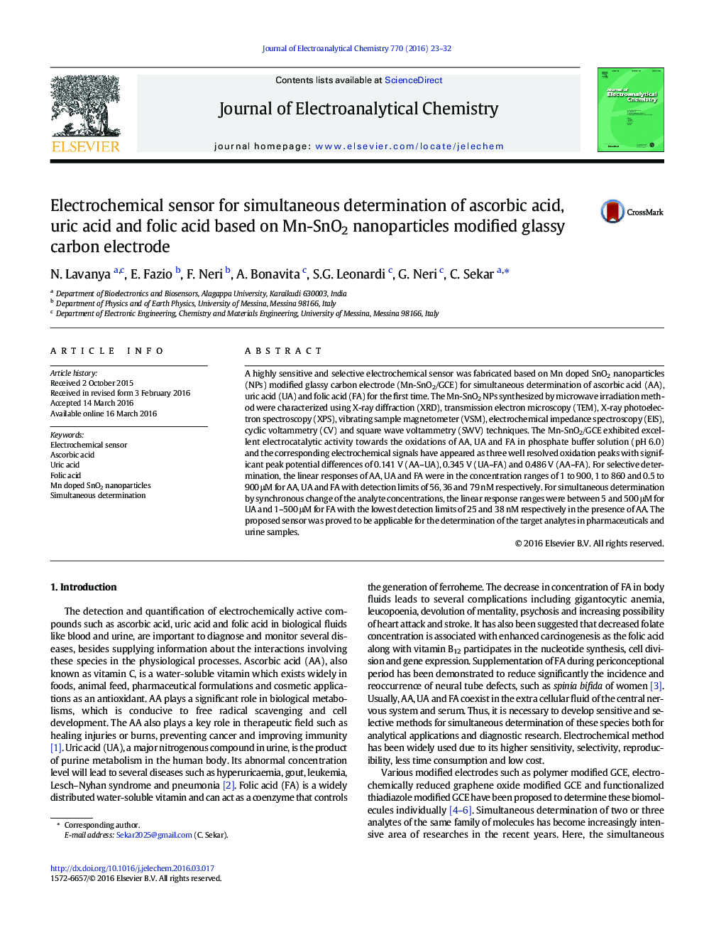 Electrochemical sensor for simultaneous determination of ascorbic acid, uric acid and folic acid based on Mn-SnO2 nanoparticles modified glassy carbon electrode