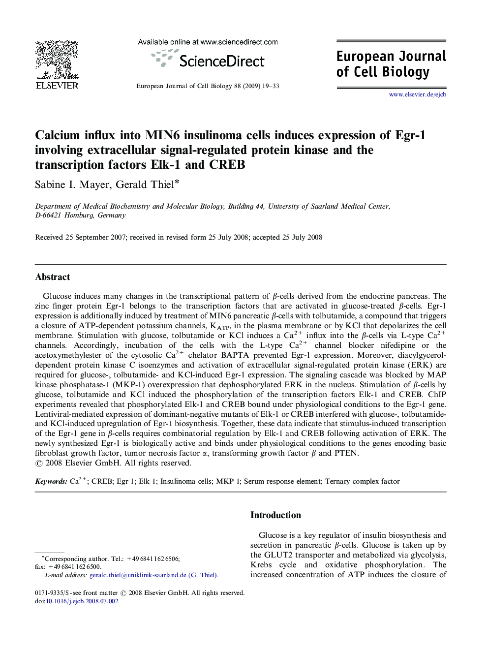 Calcium influx into MIN6 insulinoma cells induces expression of Egr-1 involving extracellular signal-regulated protein kinase and the transcription factors Elk-1 and CREB