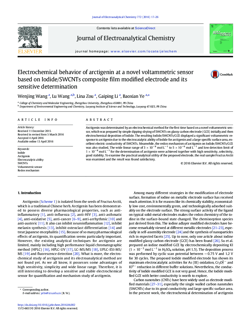 Electrochemical behavior of arctigenin at a novel voltammetric sensor based on Iodide/SWCNTs composite film modified electrode and its sensitive determination