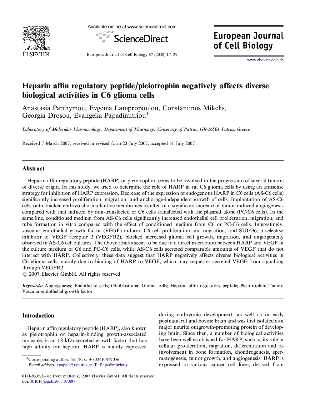 Heparin affin regulatory peptide/pleiotrophin negatively affects diverse biological activities in C6 glioma cells